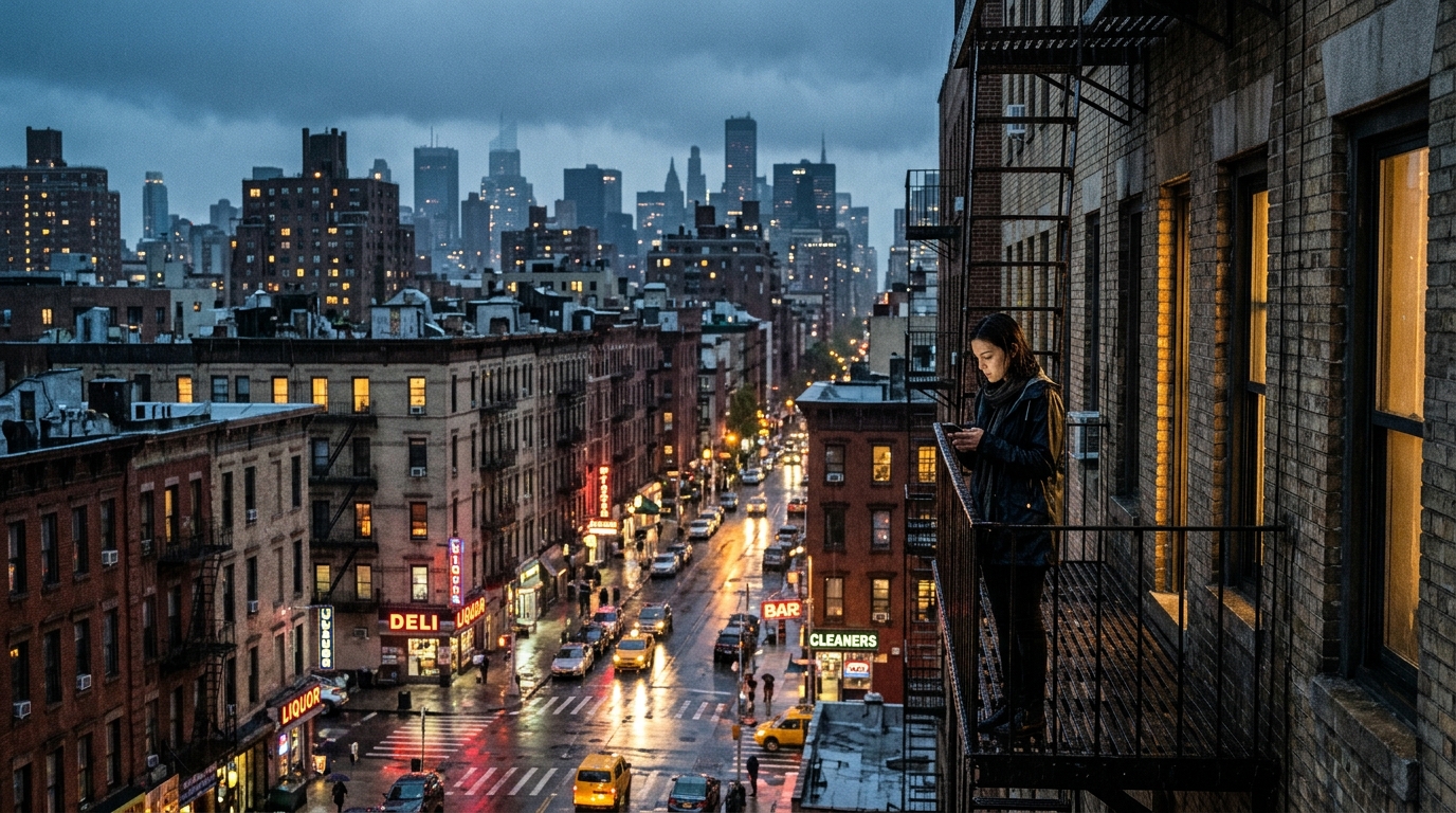 Onde millimetriche FWA: una donna guarda lo smartphone dal balcone di un palazzo in una città americana sotto la pioggia, con i grattacieli sullo sfondo
