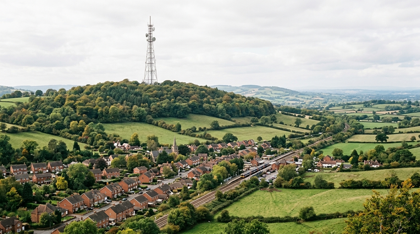 Traliccio di rete mobile alto sopra gli alberi su una collina inglese, con un paese e una ferrovia nella valle: Cellnex UK e la densificazione del 5G britannico