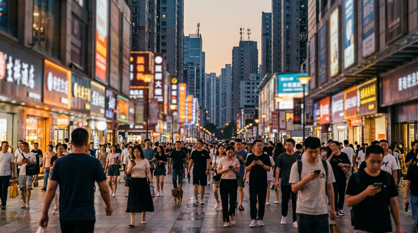 China Mobile trimestrale: una strada affollata di una città cinese al tramonto con pedoni che usano lo smartphone, simbolo di un miliardo di clienti mobili