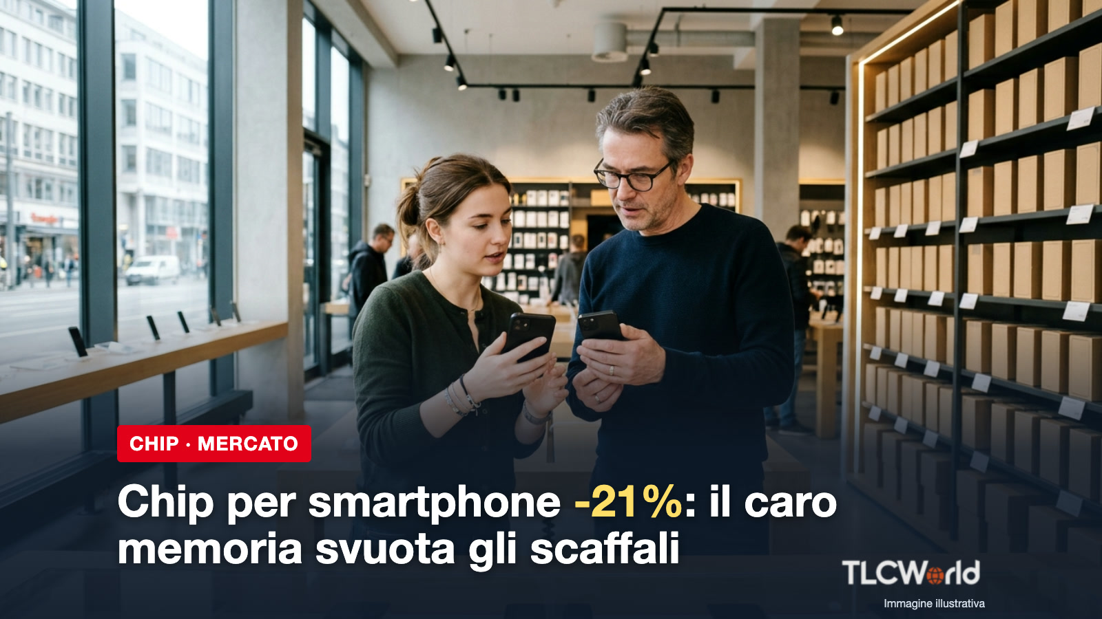 Chip per smartphone in calo del 21%: copertina TLCworld con due clienti che confrontano i telefoni in negozio