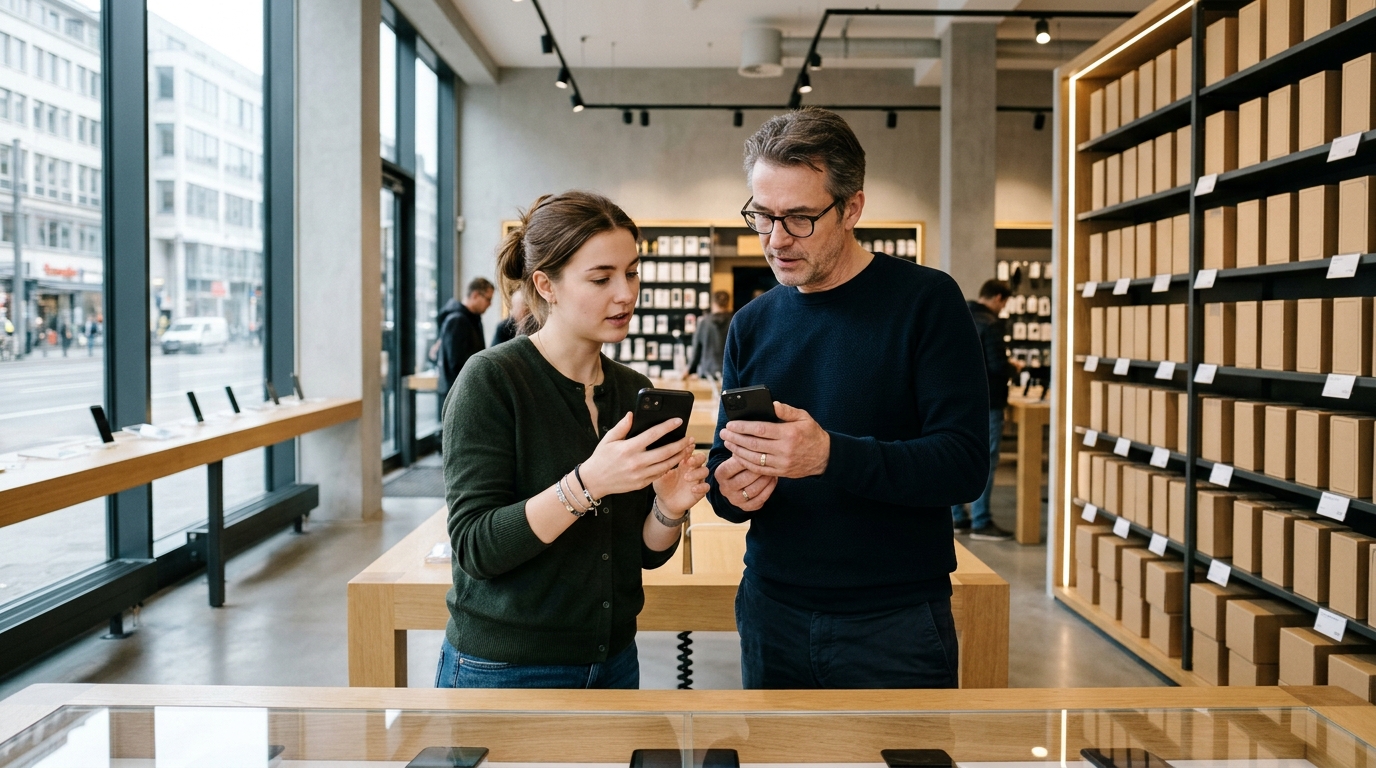 Chip per smartphone in calo del 21%: una giovane donna e un uomo confrontano due smartphone in un negozio di elettronica, con scaffali di telefoni in scatola alle spalle
