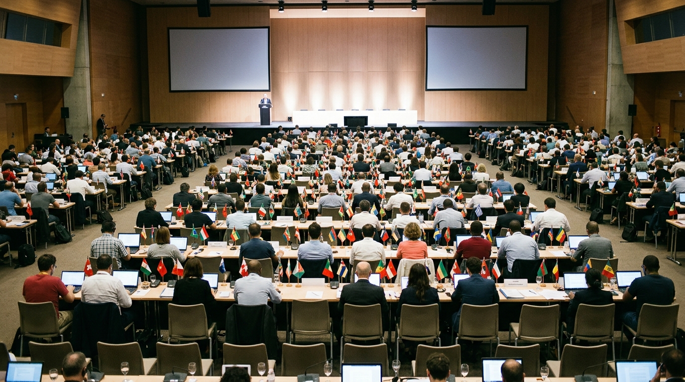 Sala plenaria di una conferenza internazionale sugli standard con centinaia di delegati e bandierine sui tavoli: lo scontro sul core 6G al 3GPP fra Ericsson, Nokia e Huawei
