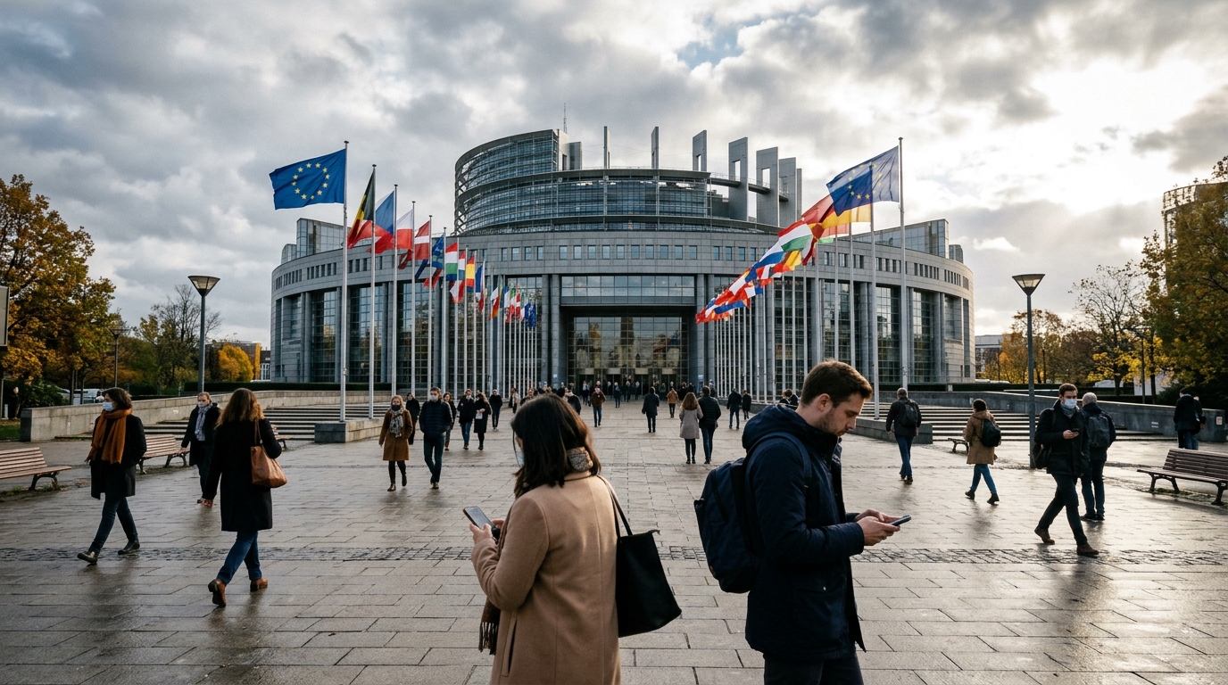 Persone con lo smartphone davanti al Parlamento europeo con le bandiere dell'Unione: la bozza Kobosko del Digital Networks Act propone licenze di spettro di 50 anni e tetti al roaming all'ingrosso fino a 40 centesimi al gigabyte