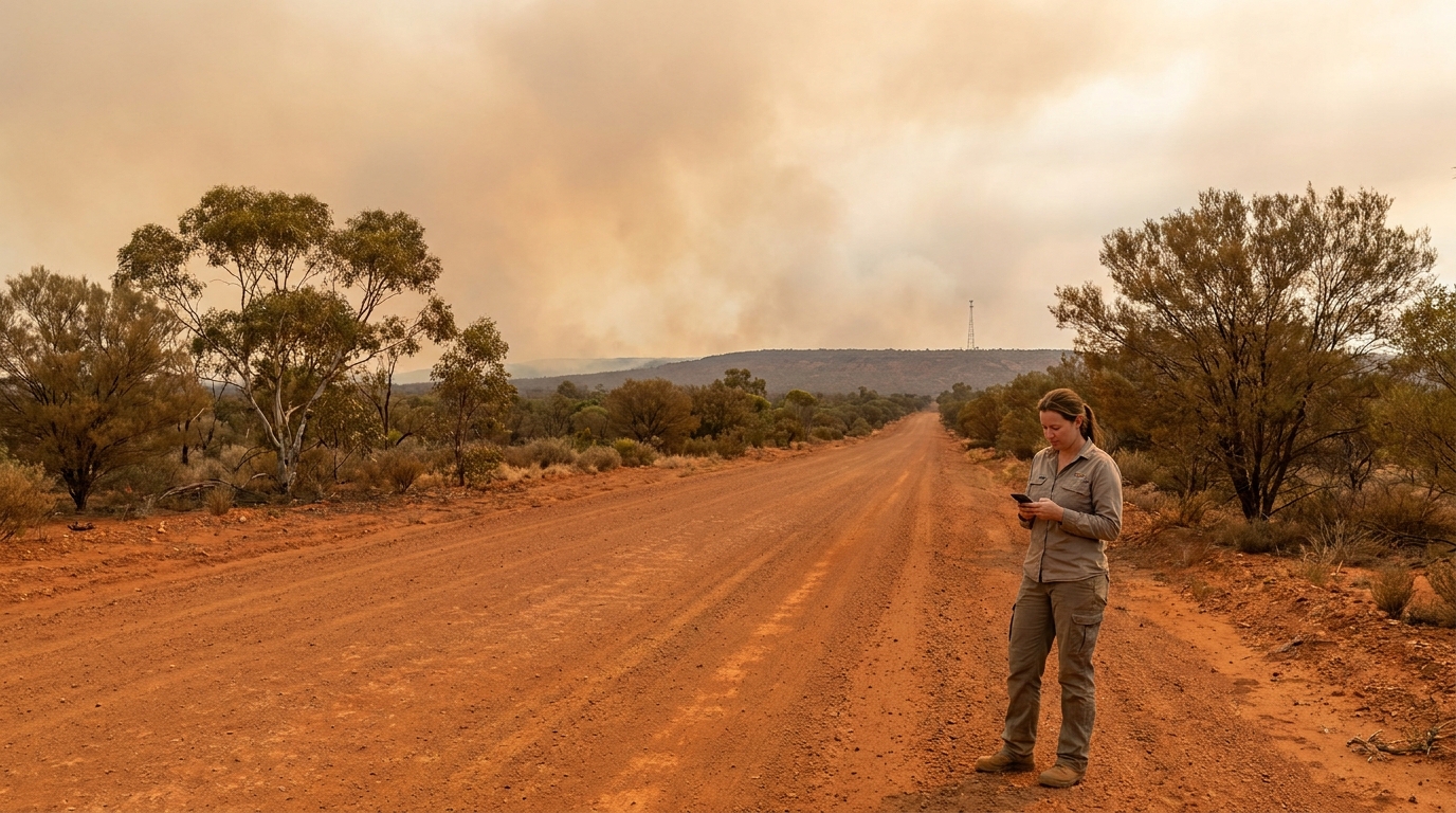 Disaster roaming in Australia: donna con lo smartphone su una strada sterrata dell'outback, cielo arancione di fumo e un traliccio lontano sulla collina