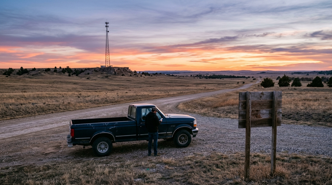 Prateria americana al tramonto con un alto traliccio per telecomunicazioni in lontananza e un pick-up fermo sulla strada: le radio 5G di Dish Wireless ora appartengono alle tower company e SpaceX potrebbe comprarle
