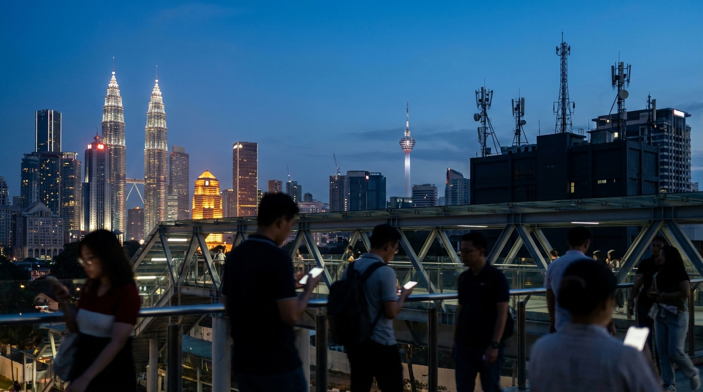 DNB Malaysia 5G: persone con lo smartphone su una passerella di Kuala Lumpur, con le Petronas e le antenne sui tetti dei palazzi