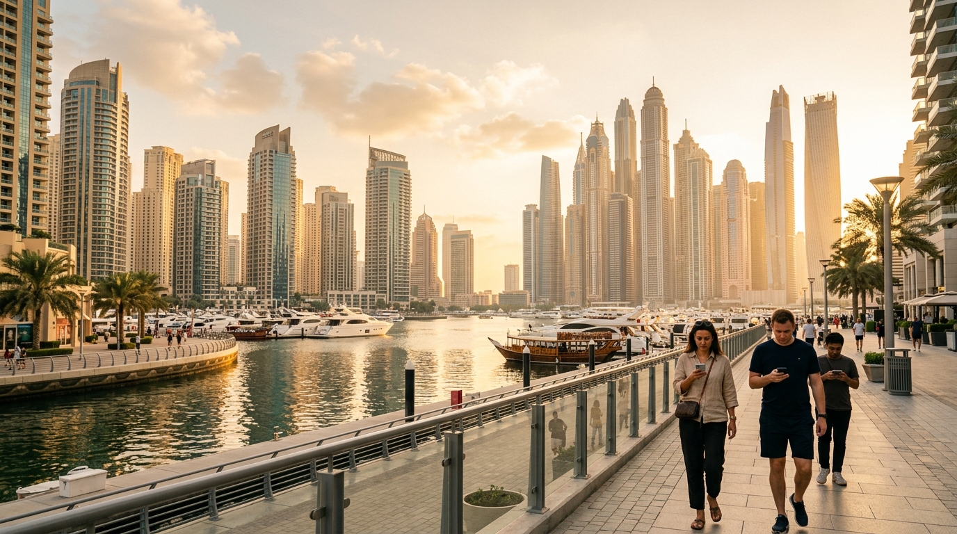 Upper 6 GHz commerciale negli Emirati: skyline di Dubai al tramonto con persone che usano lo smartphone sul lungomare