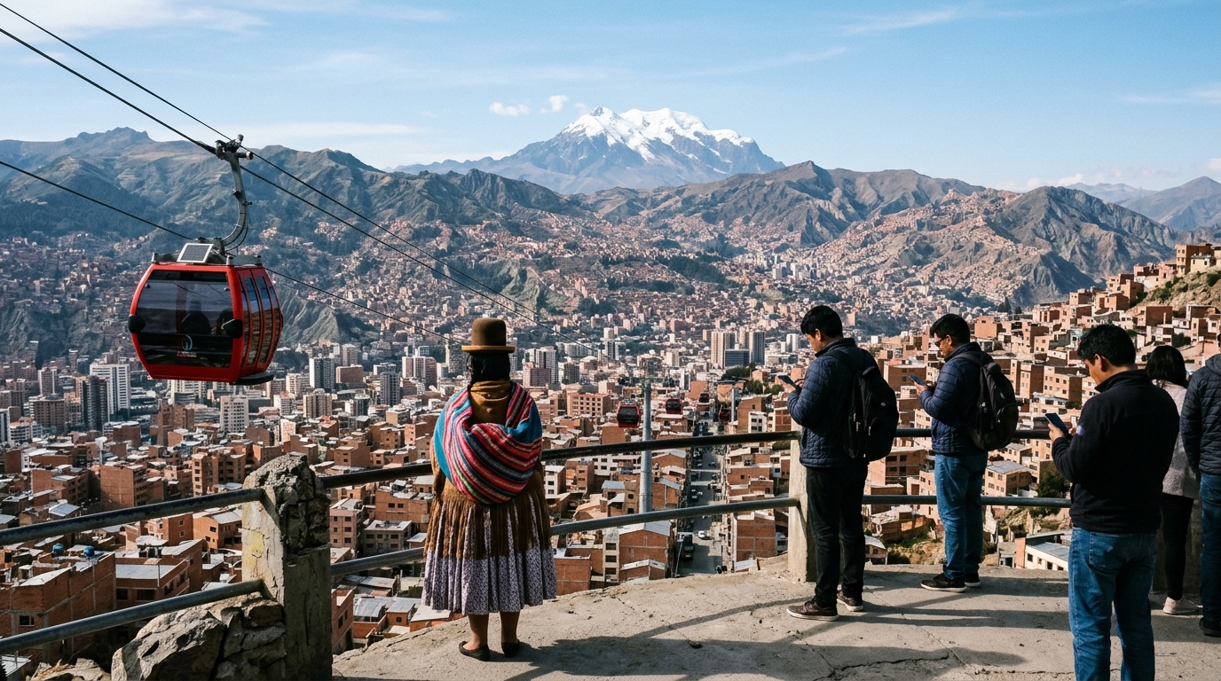 Belvedere su La Paz con la funivia rossa, il monte Illimani e persone che guardano lo smartphone: Entel Bolivia spegne il 3G a La Paz e sposta gli 850 MHz al 4G