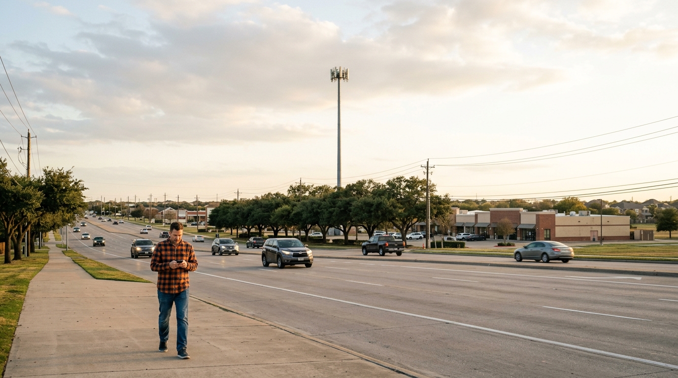 Uomo con lo smartphone su un viale americano con un alto palo per antenne mobili in lontananza: Ericsson, il 6G e la rete single vendor di AT&T