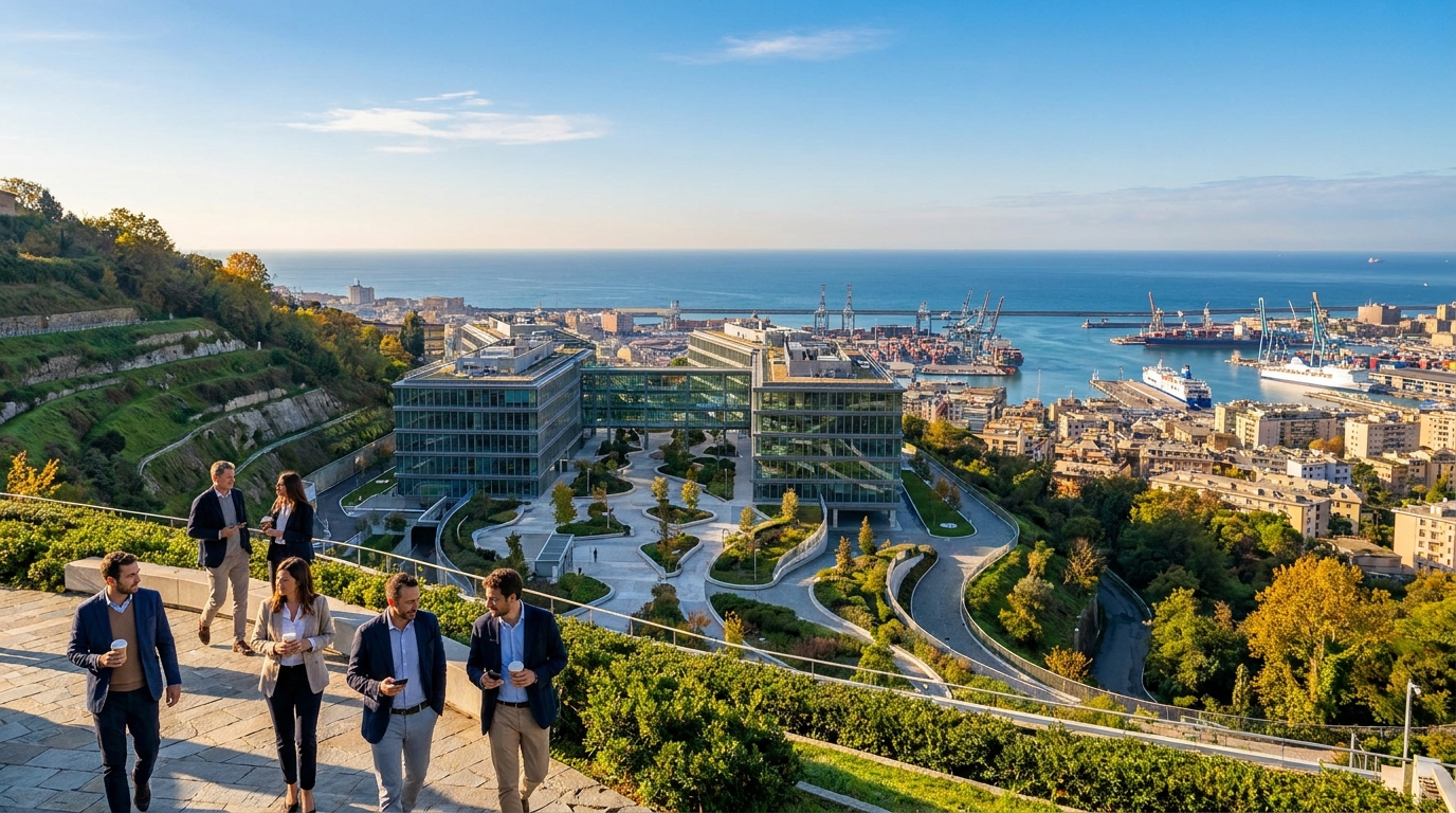 Ericsson Genova licenziamenti ritirati: un campus di uffici sulla collina sopra il porto di Genova con dipendenti a passeggio (immagine illustrativa)