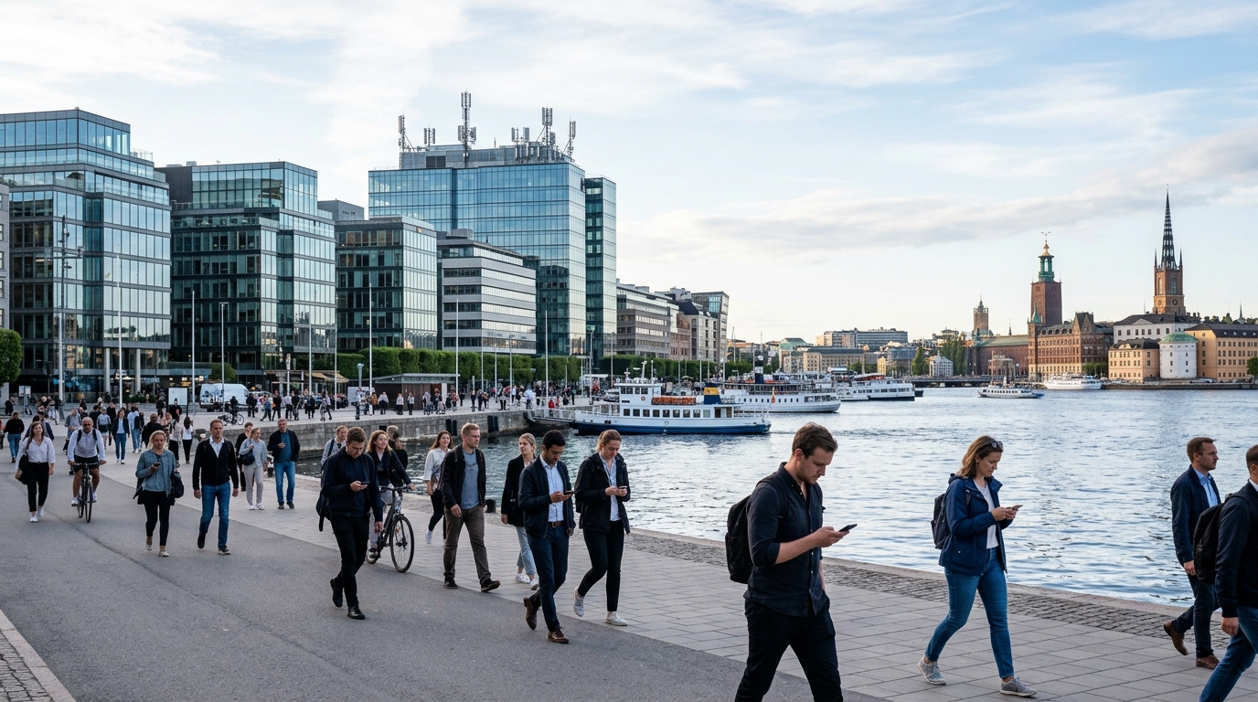 Lungomare di Stoccolma con palazzi moderni, persone al telefono e antenne della rete mobile su un tetto: i risultati Ericsson del terzo trimestre 2026