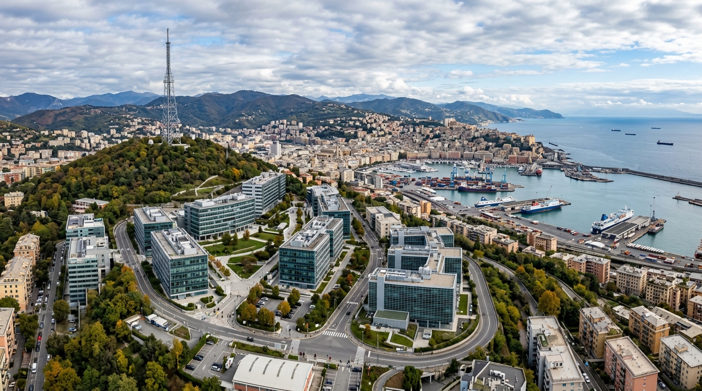 Veduta dall'alto del parco tecnologico degli Erzelli a Genova con il porto e la città: i 131 licenziamenti Ericsson e gli 81 di ZTE Italia