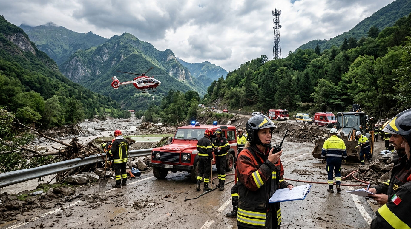 Vigili del fuoco e protezione civile coordinano i soccorsi dopo un'alluvione in montagna, con un elicottero e un traliccio di rete mobile sulla collina: il sistema EUCCS porta i soccorsi europei sul 5G con backup satellitare