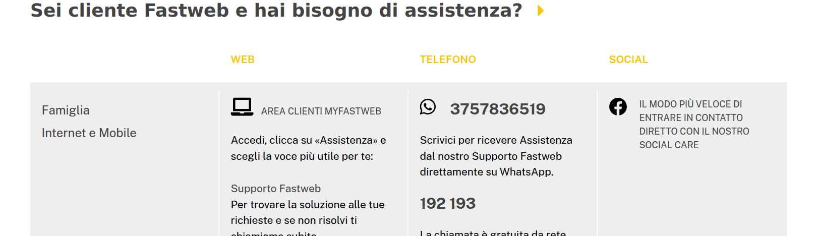 La pagina contatti di Fastweb il 12 ottobre 2026: il numero WhatsApp 3757836519 è ancora indicato per l'assistenza ai clienti privati