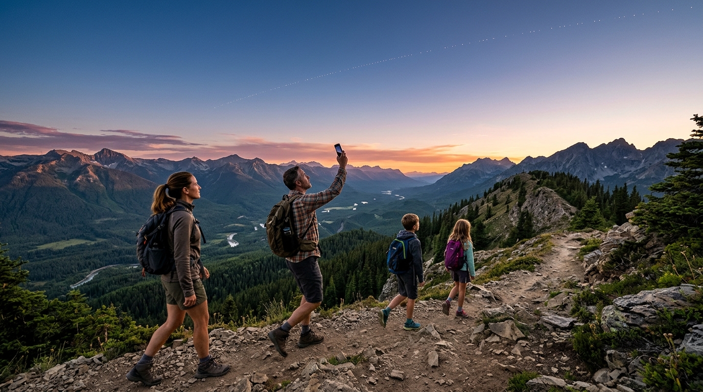 Amazon Globalstar FCC: una famiglia in escursione in montagna al tramonto, una persona alza lo smartphone verso una scia di satelliti nel cielo