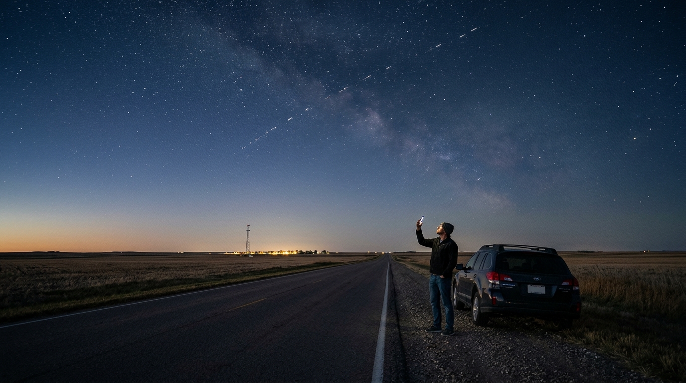 Uomo accanto all'auto su una strada del Midwest alza lo smartphone verso un cielo stellato con una scia di satelliti: la FCC propone l'asta di 25 MHz per 5G, direct-to-device o reti ibride