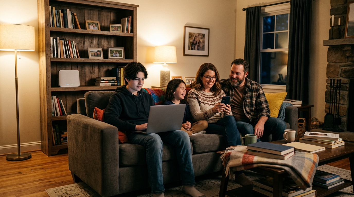 Una famiglia sul divano di casa con portatile e smartphone, sullo scaffale un router Wi-Fi bianco: il divieto FCC sui router prodotti all'estero e le deroghe per gli operatori americani