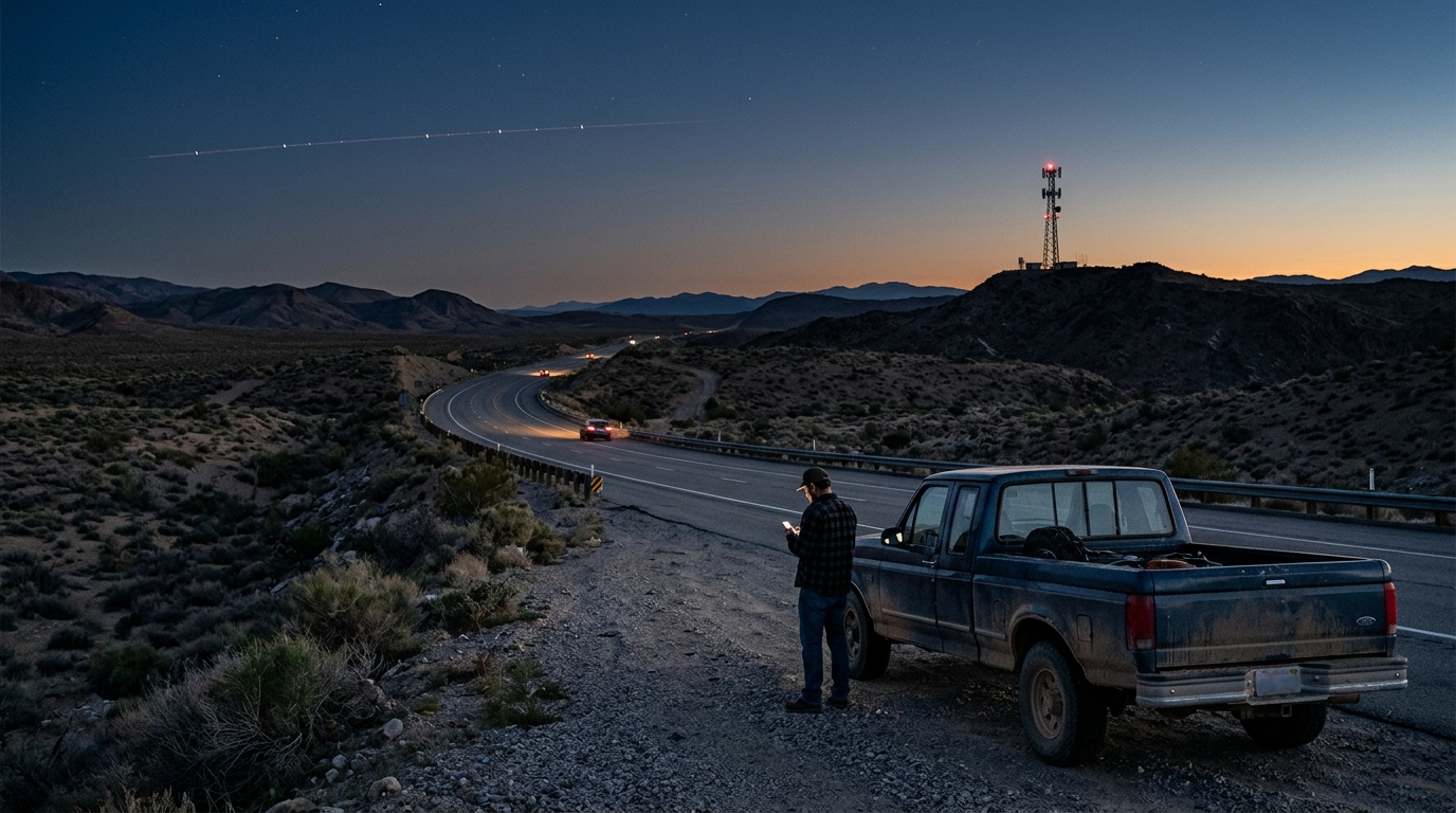Satellite nelle bande 5G: una persona guarda lo smartphone su una strada americana al crepuscolo, con una scia di satelliti nel cielo e un sito mobile lontano sulla collina