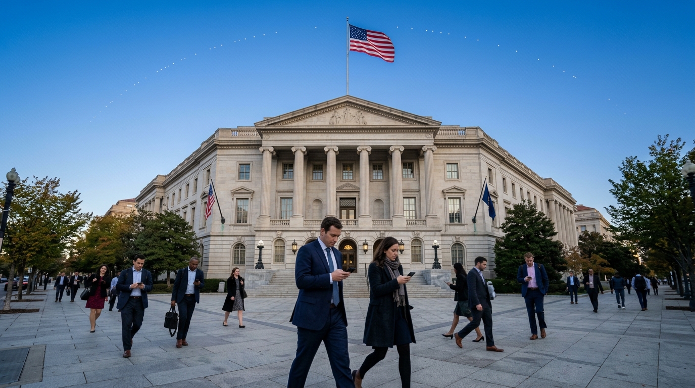 FCC direct-to-device: persone con lo smartphone davanti a un palazzo governativo di Washington, con una scia di satelliti nel cielo
