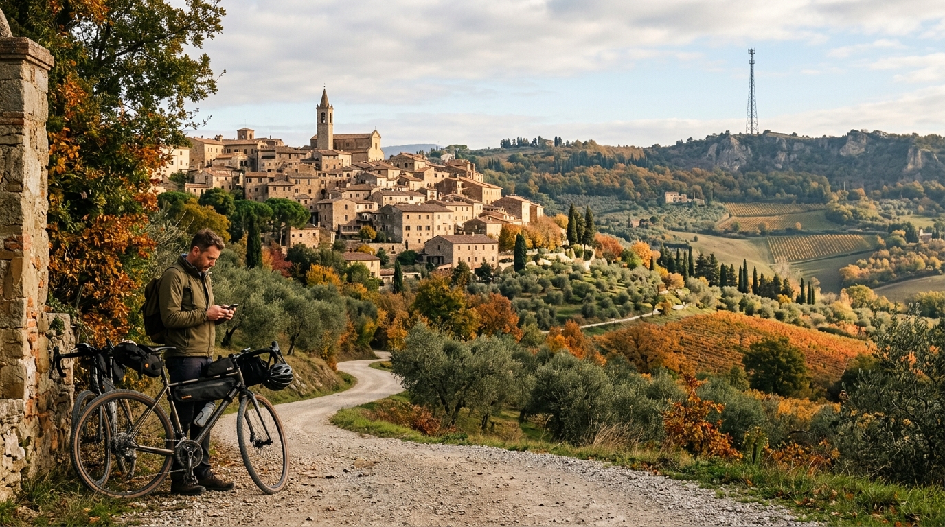 Borgo collinare italiano in autunno con un uomo che guarda lo smartphone e un alto traliccio per antenne sul crinale lontano: la gara per la banda 26 GHz bassa e gli operatori ammessi