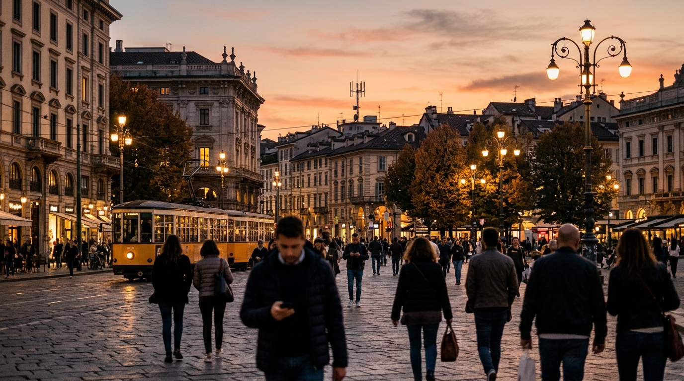Piazza europea al tramonto con persone che guardano lo smartphone e una stazione radio mobile sui tetti in lontananza: il 5G Standalone, secondo la GSA, è ancora una minoranza con 98 operatori nel mondo