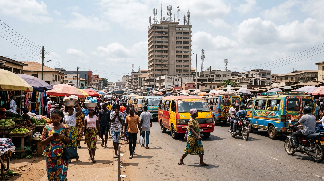 Strada di mercato in una città africana con persone al telefono e antenne della rete mobile su un palazzo: il rapporto GSMA sullo spettro in Africa