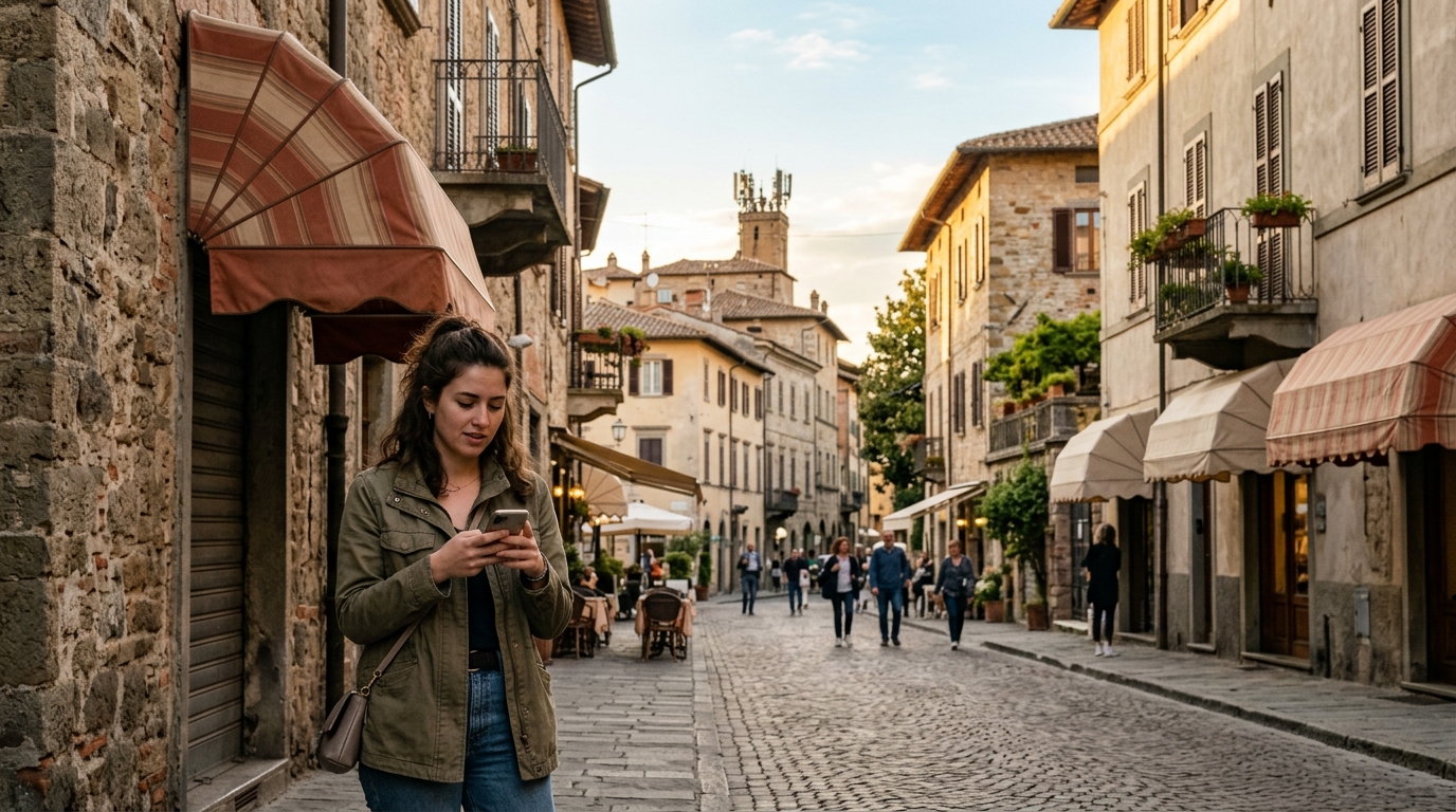 Ragazza con lo smartphone in una via di un centro storico italiano, con antenne 5G in cima a una torre lontana: ho. Mobile porta il 5G su tutte le offerte ma con velocità limitata a 30 o 60 Mbps
