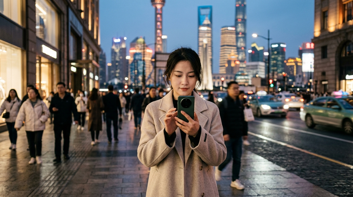 Una ragazza guarda uno smartphone verde scuro con il grande modulo fotocamera circolare su una strada di Shanghai al tramonto, con i grattacieli sullo sfondo: la serie Huawei Mate 90 con Kirin 9050 Pro
