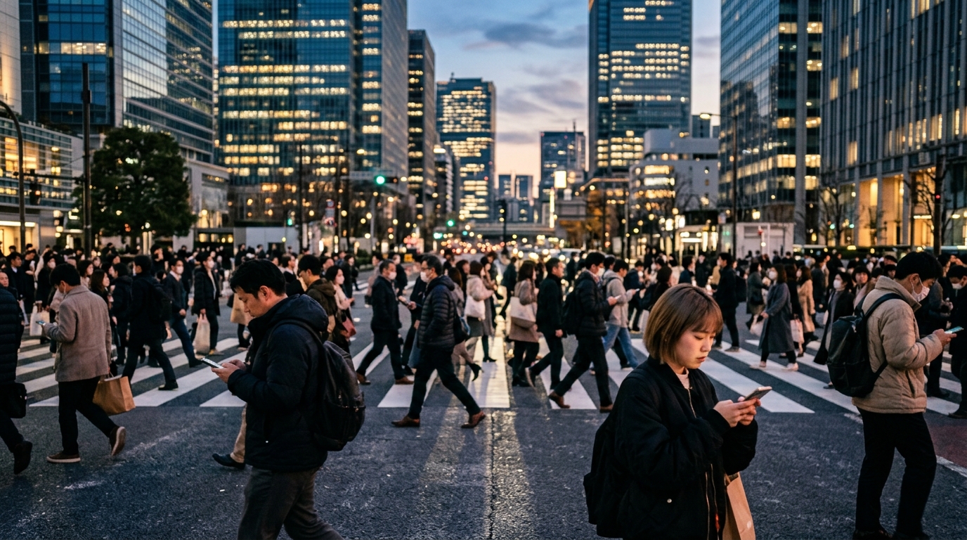 Pedoni che attraversano una grande strada di una metropoli asiatica al tramonto guardando lo smartphone, con i grattacieli sullo sfondo: l'accordo di licenza incrociata sui brevetti 5G fra Huawei e Qualcomm