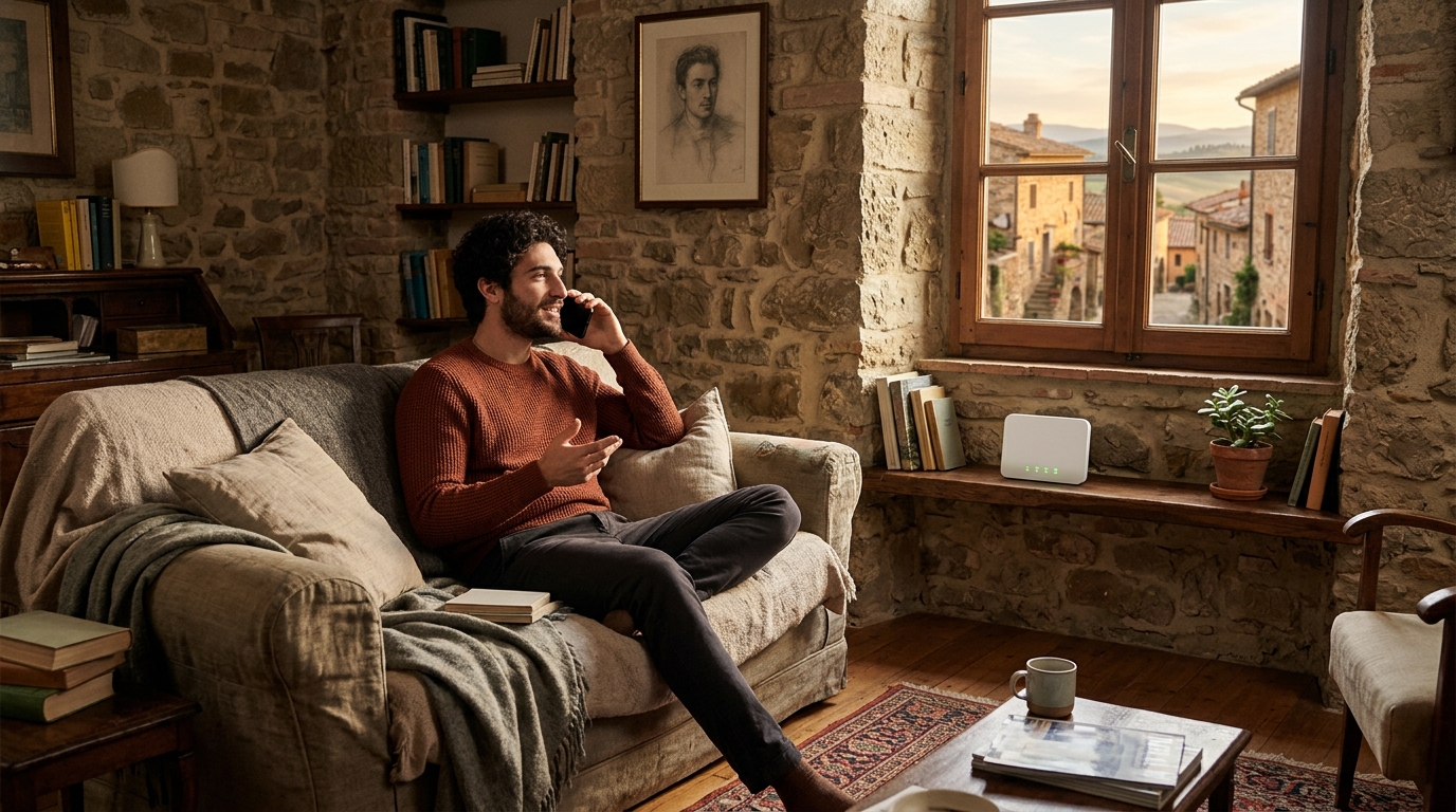 Wi-Fi Calling Iliad: un ragazzo telefona dal divano di casa con il router Wi-Fi acceso sullo scaffale