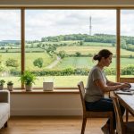 Un router FWA bianco sul davanzale di una casa di campagna, una donna lavora al portatile e dalla finestra si vede un traliccio alto sulla collina: Inseego ha chiuso l'acquisizione del business FWA FastMile di Nokia