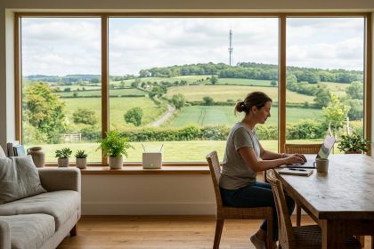 Un router FWA bianco sul davanzale di una casa di campagna, una donna lavora al portatile e dalla finestra si vede un traliccio alto sulla collina: Inseego ha chiuso l'acquisizione del business FWA FastMile di Nokia