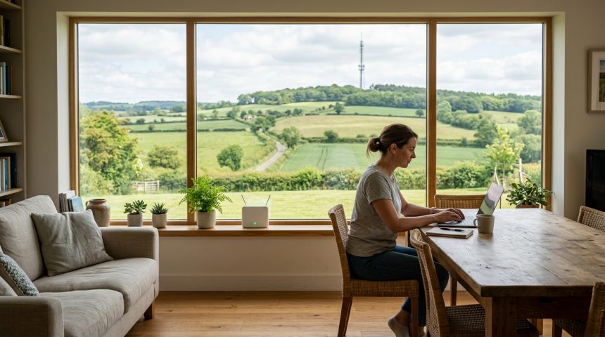 Un router FWA bianco sul davanzale di una casa di campagna, una donna lavora al portatile e dalla finestra si vede un traliccio alto sulla collina: Inseego ha chiuso l'acquisizione del business FWA FastMile di Nokia