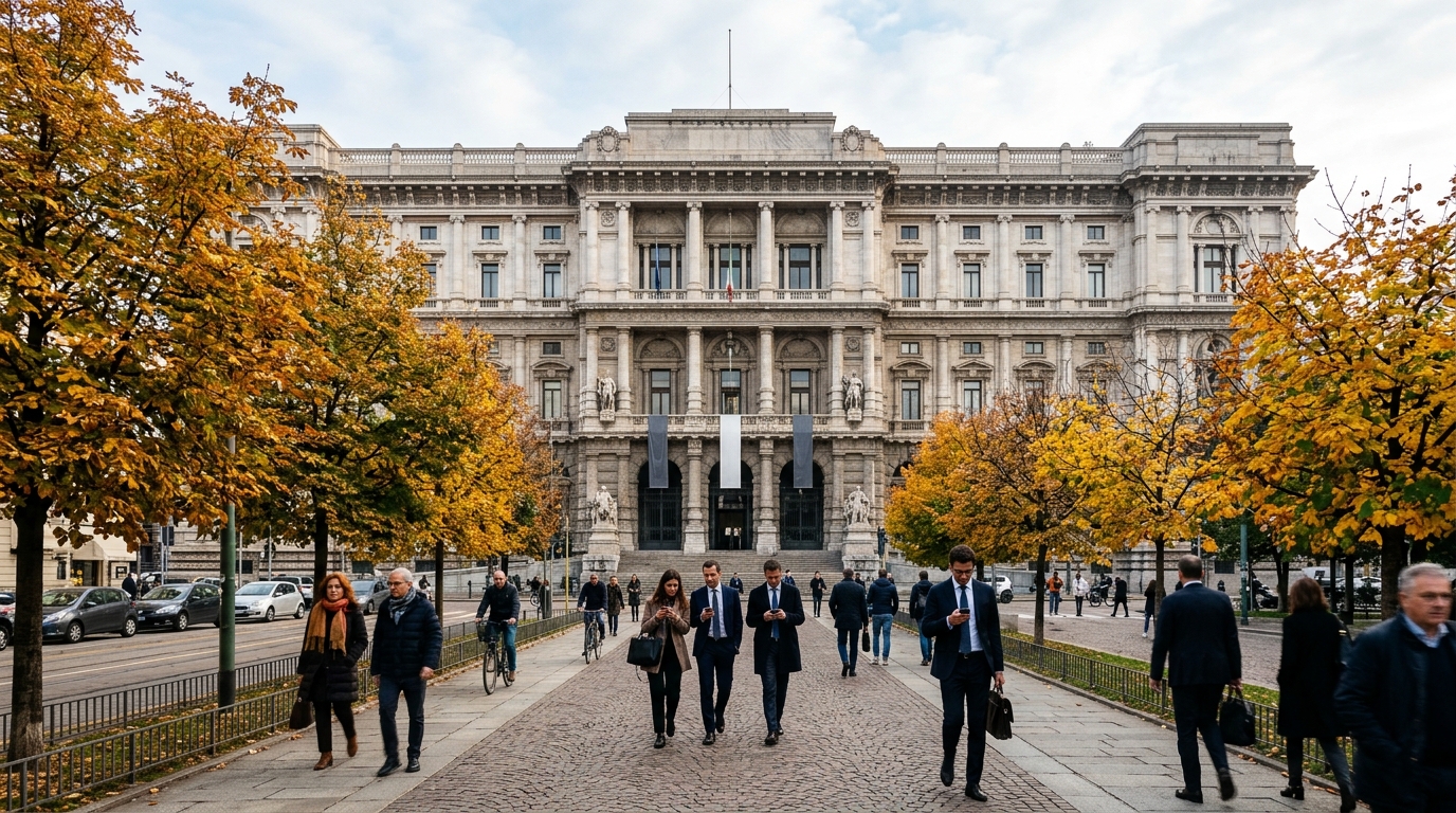 INWIT Fastweb Vodafone MSA: facciata del Palazzo di Giustizia di Milano in una mattina d'autunno con passanti al telefono