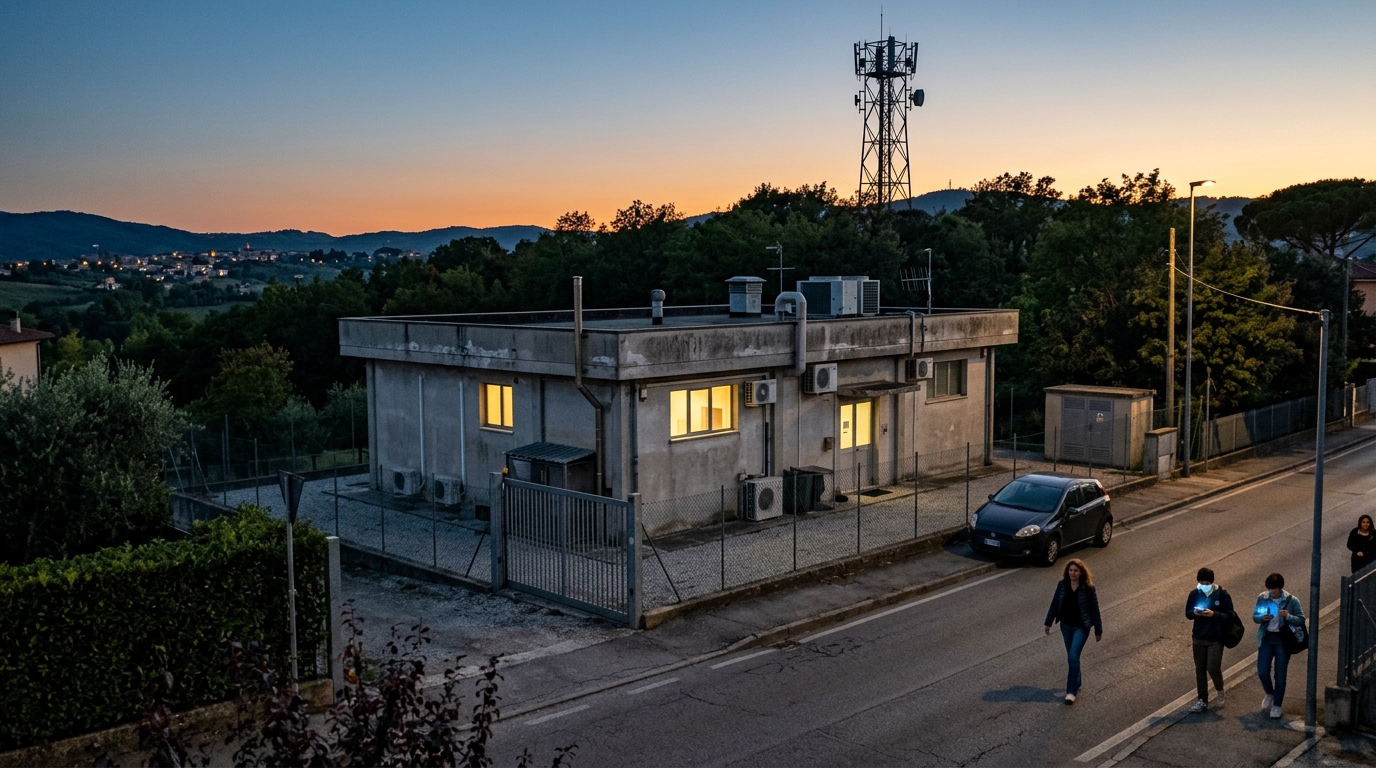 Edificio tecnico di telecomunicazioni alla periferia di un paese italiano al tramonto, con un traliccio alto e lontano oltre gli alberi e passanti con lo smartphone: INWIT e le centrali WindTre da trasformare in data center