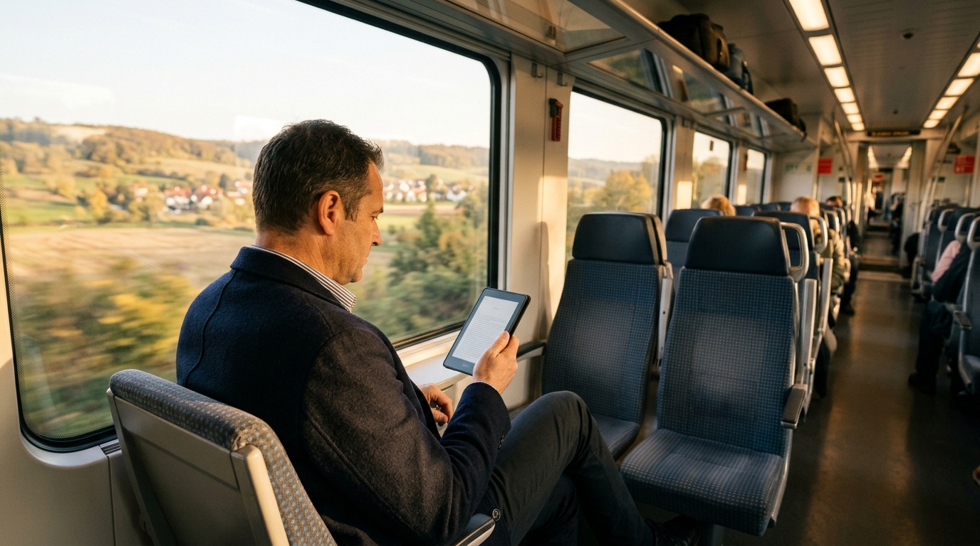 Un uomo legge su un tablet compatto in treno: il nuovo iPad mini è il primo iPad con il modem Apple C2 e il chip N1 con Wi-Fi 7