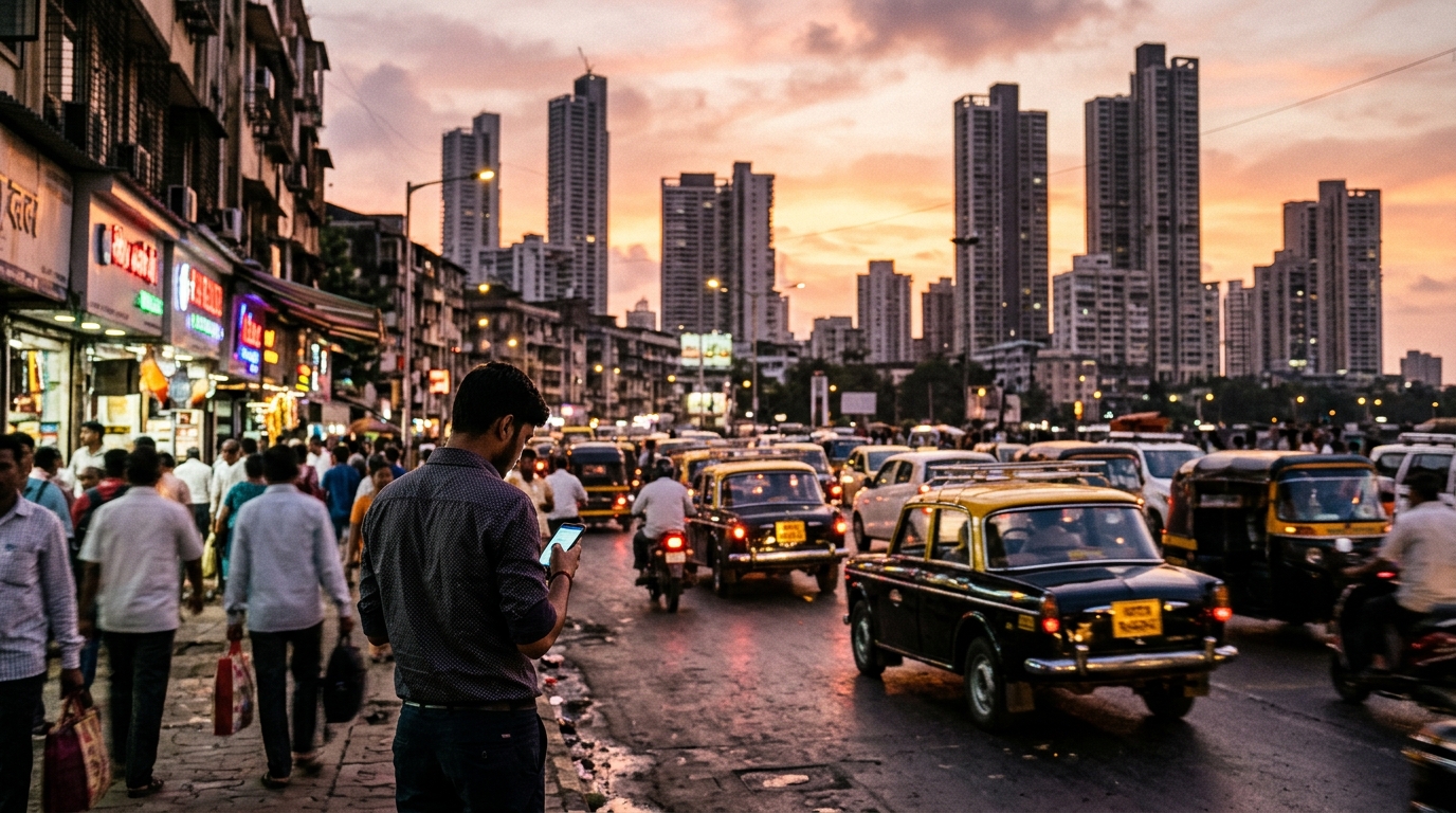 Strada affollata di Mumbai al tramonto con un giovane di spalle che guarda lo smartphone: Jio Platforms debutta in Borsa con l'IPO più grande dell'India