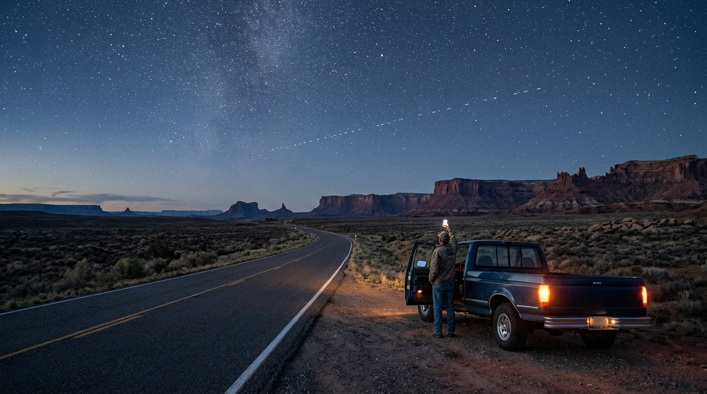 Autostrada deserta nel sud-ovest americano al crepuscolo, un uomo accanto al pickup alza lo smartphone verso il cielo stellato: la joint venture satellitare di AT&T, T-Mobile e Verizon contro le zone senza copertura