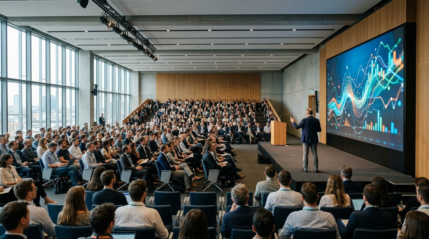 Platea di una conferenza con un manager sul palco davanti a un grande schermo: Labriola risponde all'Antitrust sul rinnovo delle frequenze mobili