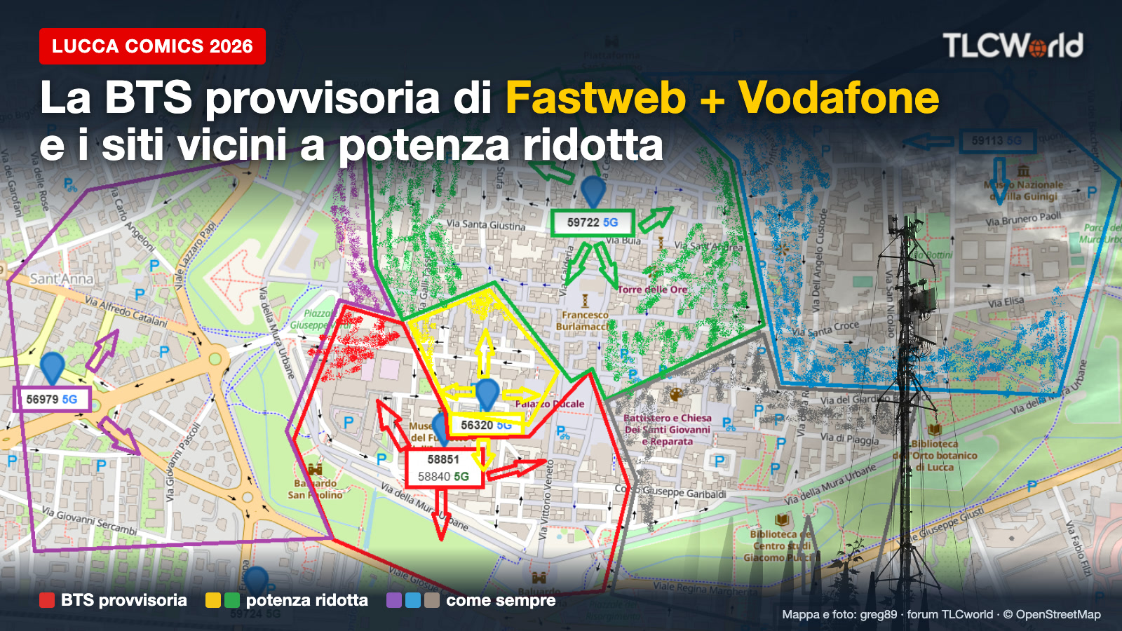 Mappa del centro di Lucca con i siti della rete Fastweb + Vodafone e, in trasparenza, la BTS provvisoria di Lucca Comics 2026 fotografata da greg89: in rosso la BTS provvisoria, in giallo e verde i siti a potenza ridotta