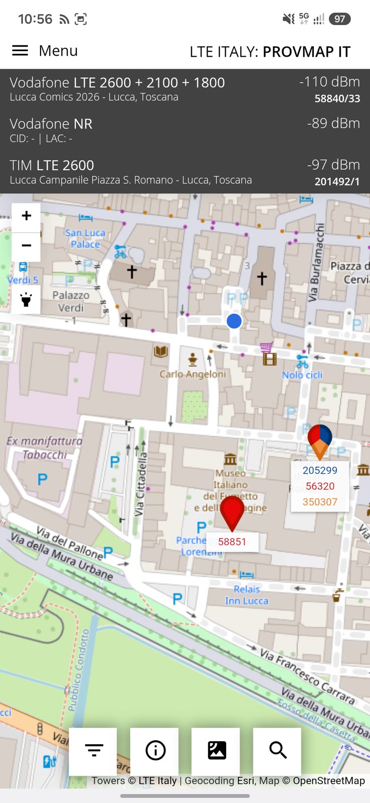Screenshot dell'app LTE Italy ProvMap a Lucca: Vodafone LTE 2600+2100+1800 dal carrato Lucca Comics 2026 a -110 dBm, Vodafone NR a -89 dBm, TIM LTE 2600 dal sito Lucca Campanile Piazza S. Romano a -97 dBm