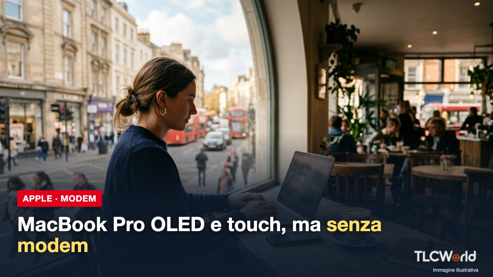 Copertina TLCworld: MacBook Pro OLED e touch ma senza modem cellulare, donna al portatile in un caffè