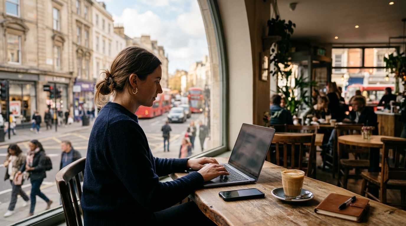 Una donna lavora al portatile in un caffè con lo smartphone accanto: il nuovo MacBook Pro 2026 non ha il modem cellulare Apple C2