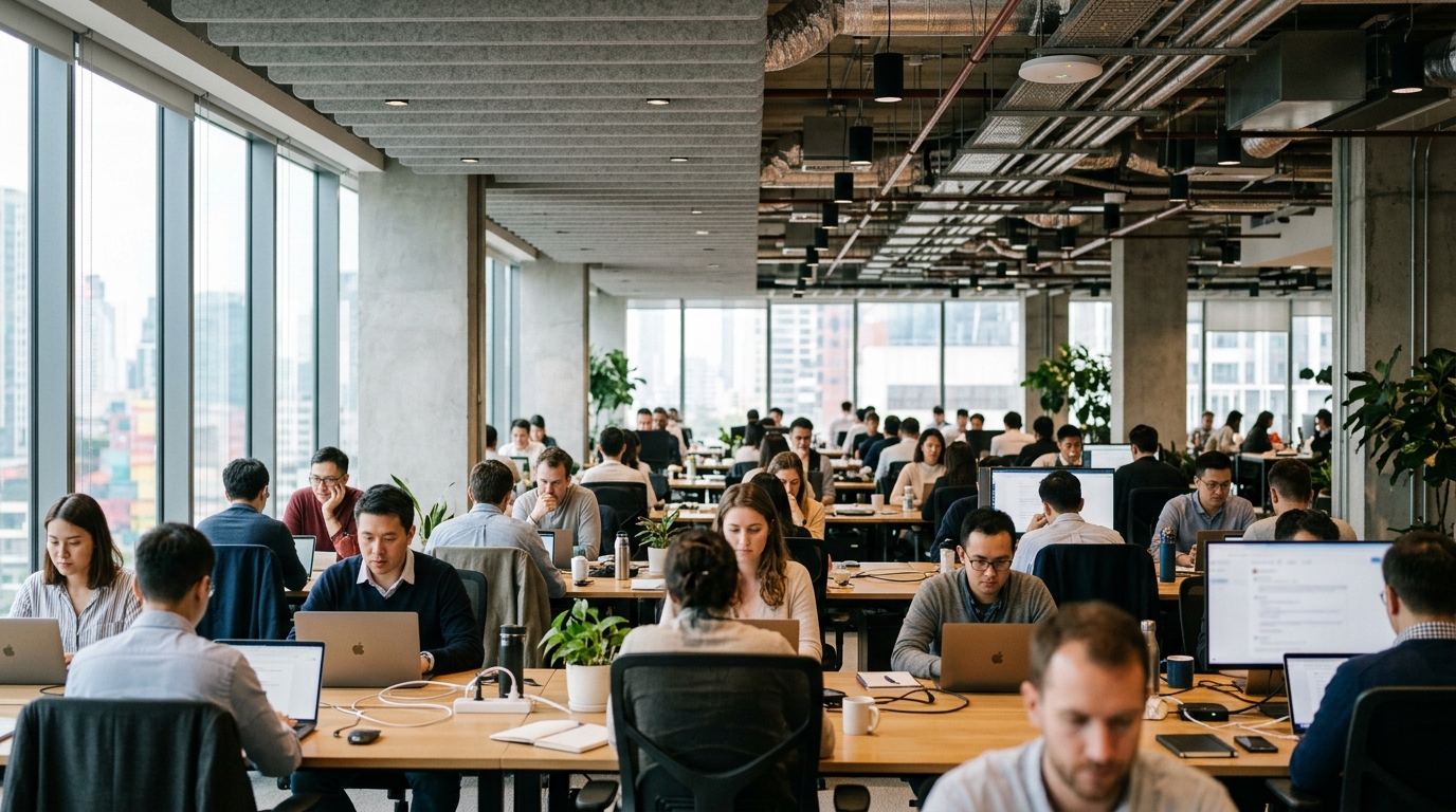 Un grande ufficio open space pieno di persone al lavoro su portatili e telefoni, con un access point Wi-Fi bianco sul soffitto: il Wi-Fi 8 di MediaTek con il Filogic 8800 a Network X 2026