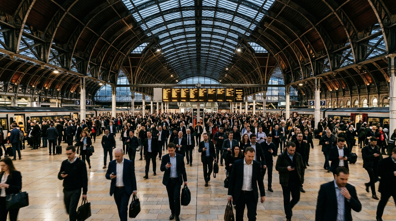 Folla di pendolari con lo smartphone sotto la tettoia della stazione di Londra Paddington, dove O2 e Nokia hanno misurato il +20% di efficienza spettrale con l'AI-RAN