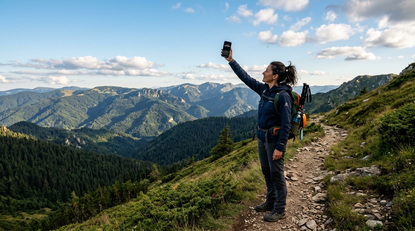 Escursionista alza lo smartphone verso il cielo su un sentiero di montagna in cerca di segnale: Orange rinvia al 2027 il test direct-to-device con AST SpaceMobile
