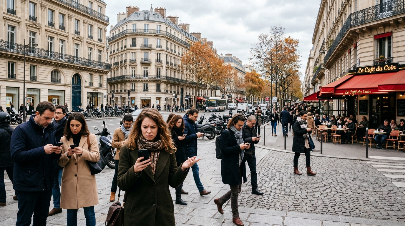 Panne Orange Nokia: persone a Parigi guardano lo smartphone senza rete mobile in una strada con caffè e palazzi haussmanniani