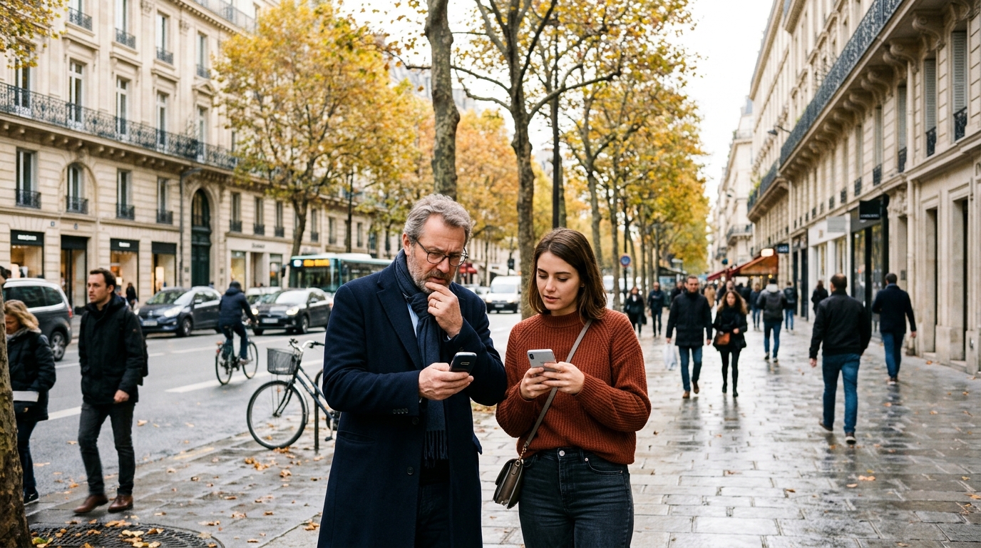Viale parigino in autunno con un uomo che guarda perplesso un vecchio telefono a tasti e una donna con lo smartphone: Orange spegne la rete 2G in tutta la Francia