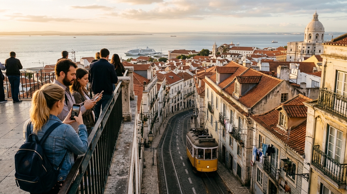 Belvedere di Lisbona con tram giallo e persone che guardano lo smartphone: ANACOM propone il rinnovo senza gara delle frequenze di MEO, NOS e Vodafone fino al 2042 e Digi minaccia di lasciare il Portogallo