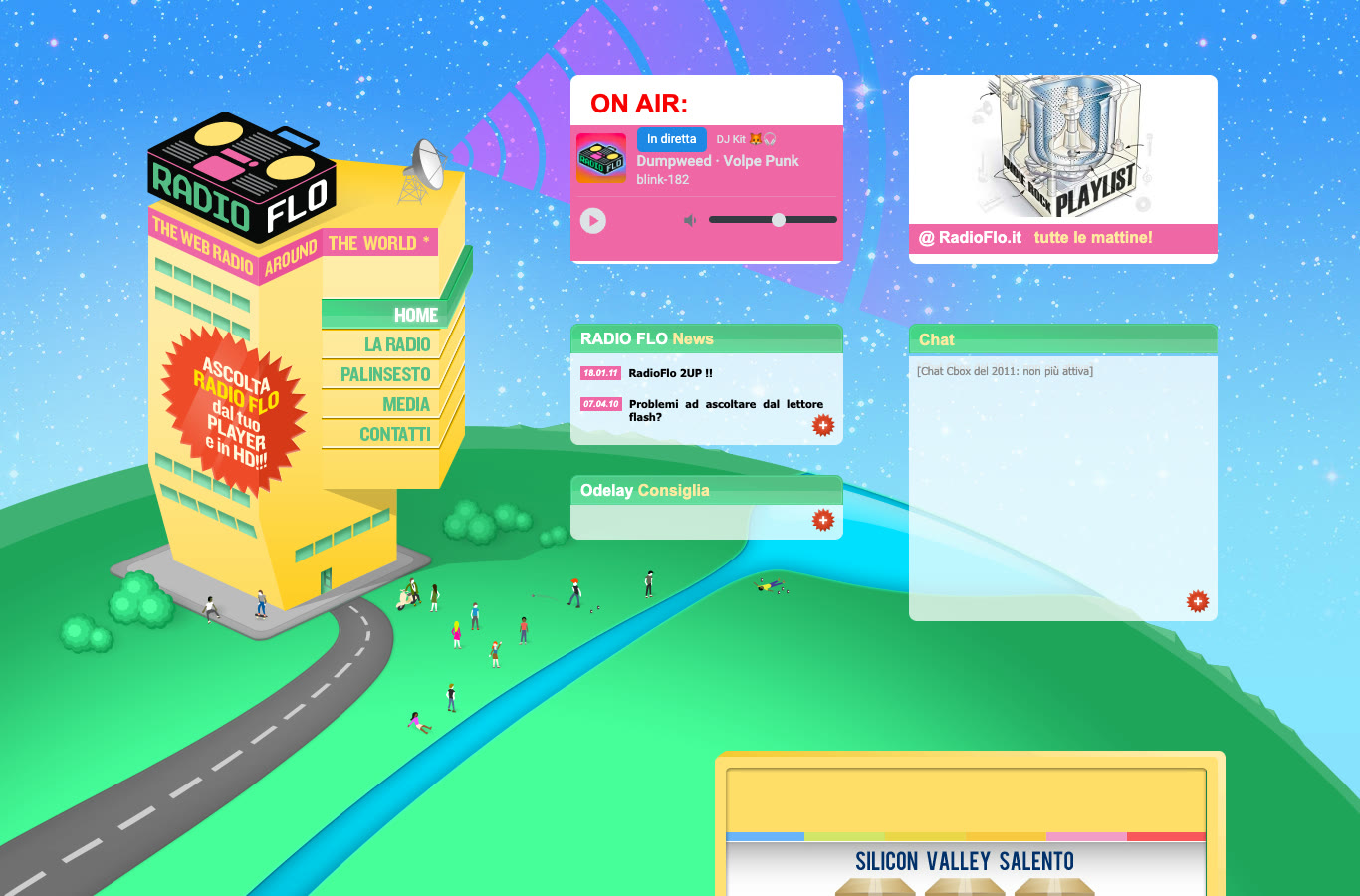 Il sito di Radio Flo nel 2011: design EKID con il palazzo giallo, il player ON AIR, le Radio Flo News e la chat Cbox